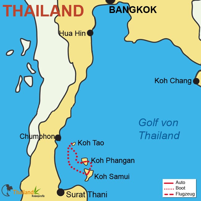 Ihre Reiseroute mit Koh Samui, Koh-Phangan und Koh-Tao